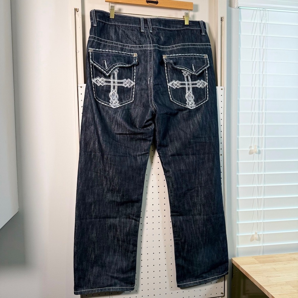 Affliction Straight Jeans Men Blue Denim Embroidered Cross Y2K Cyber Grunge - 36